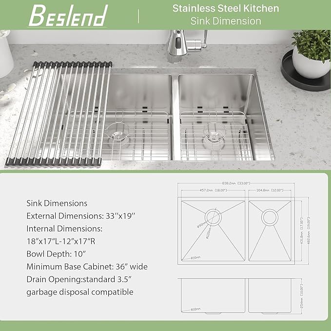33 Undermount Double Bowl Kitchen Sink - Beslend 33x19x10 Inch Double Sink Stainless Steel Undermount Sinks 16 Gauge 60/40 Double Bowl Sinks