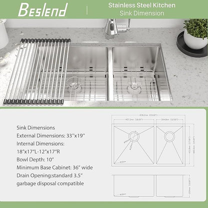 33 Undermount Double Bowl Kitchen Sink - Beslend 33x19x10 Inch Double Sink Stainless Steel Undermount Sinks 16 Gauge 60/40 Double Bowl Sinks