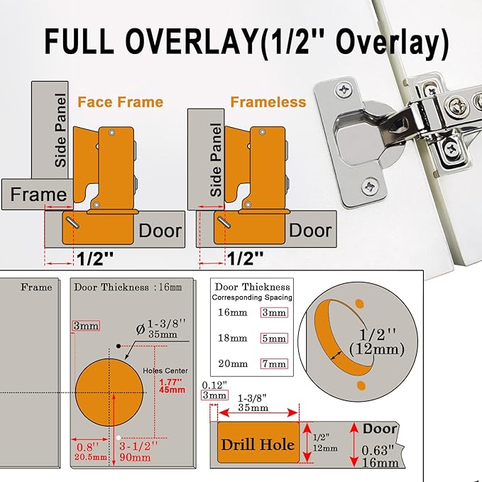 BESTEEL 4 Pack 1/2 inch Overlay Soft Close Cabinet Door Hinges for Kitchen Cabinet Hinge, 100 Degree Opening Angel, Stainless Concealed Kitchen Cabinets Hinge Self Closing with Mounting Screws &Manual