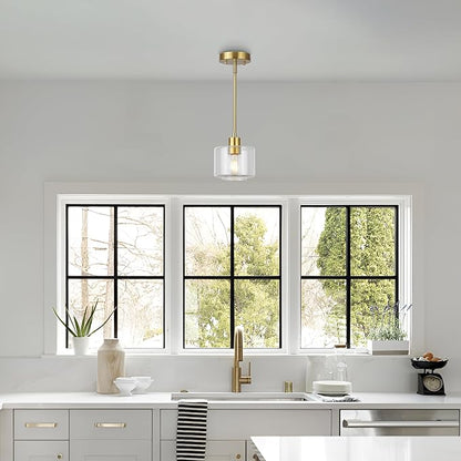 Brushed Gold Pendant Lights Kitchen Island, 1-Light Modern Clear Glass Hanging Light Fixtures with Rods, Mini Kitchen Pendant Lighting Over Island for Sink Bathroom, OS-YQ8153-1PBGC