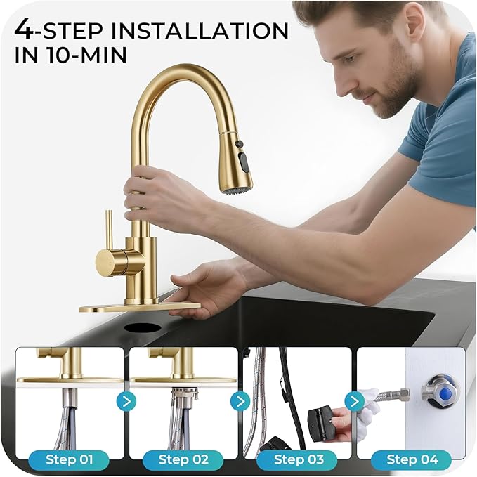 Kitchen Faucet with Pull Down Sprayer - Brushed Gold Single Handle Kitchen Faucets, High Arc Stainless Steel Pull Out Kitchen Sink Faucet with Deck for RV Laundry Farmhouse Bar