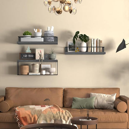 PopiShelves Bathroom Shelves Over Toilet for Wall, Floating Shelves with Storage Basket Paper Holer for Kitchen Living Room, Bedroom & Classroom, Set of 3 (Grey)