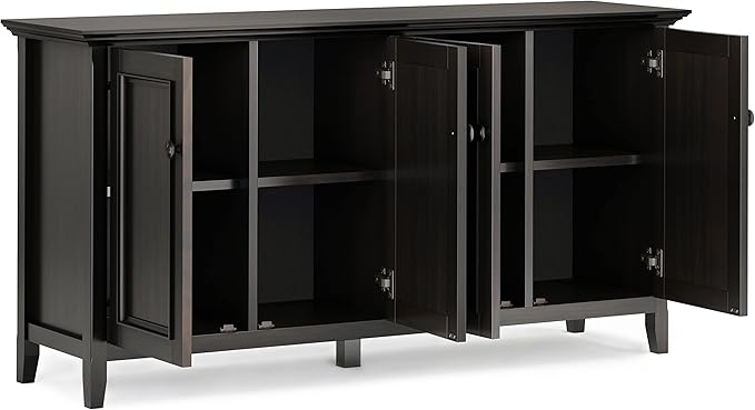 SIMPLIHOME Amherst Storage Cabinet - 66 inch Wide Solid Wood 4-Shelf Sideboard Cabinet in Hickory Brown, Transitional Buffet for Living Room or Dining Room with 4 Doors and Adjustable Shelves