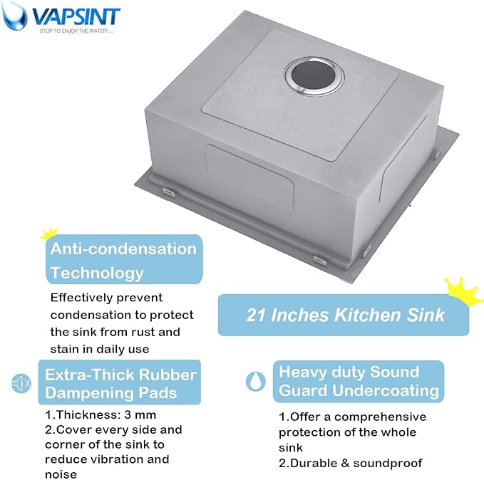 21x20 Inch Drop In Kitchen Sink Workstation - VAPSINT 21 Inch Topmount Kitchen & Bar Sink 16 Gauge Stainless Steel Handmade Single Bowl Small Kitchen Sinks for RV Wet Prep with Accessories