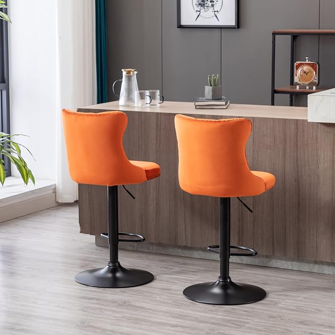 KEIKI Swivel Velvet Barstools，Upholstered Chairs Set of 2, Adjusatble Seat Height from 25-33 Inch for Home Pub, Kitchen Island, Orange