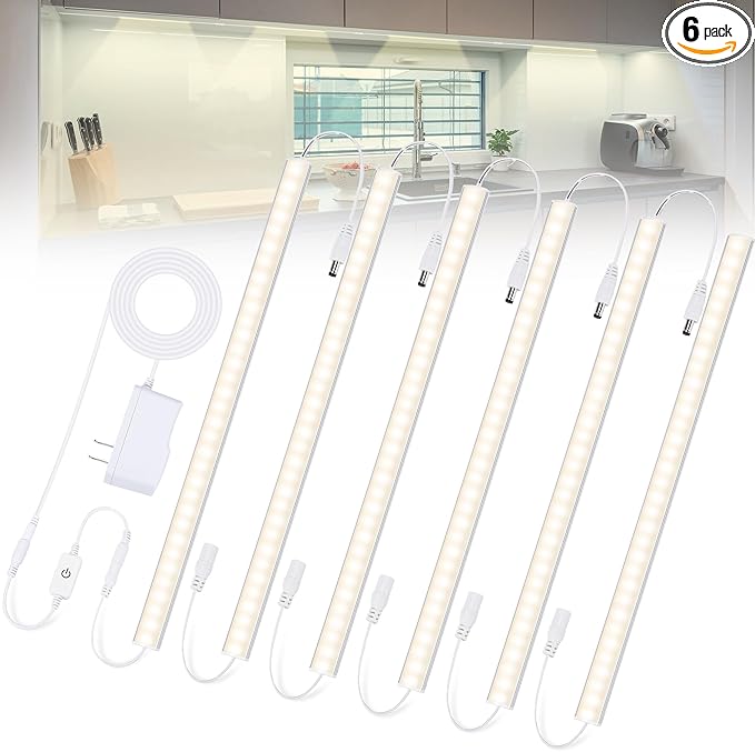 Plug-in Under Cabinet Lights Daylight White 4000K, Dimmable LED Under Cabinet Lighting, 6PCS x 12 Inch Under-Counter Light Fixtures with Memory Function, Under Counter LED Lights for Kitchen