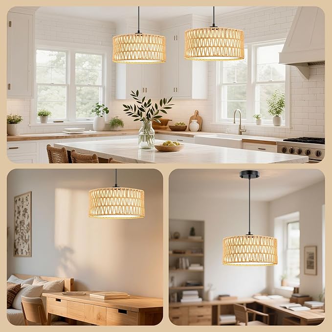 Pendant Lights, Plug in Pendant Light, Hanging Lamp, Boho Lamp, Woven Rattan Pendant Lamp Shade for Kitchen Island, Modern Farmhouse Chandelier Light Fixtures (Bohemian 2)