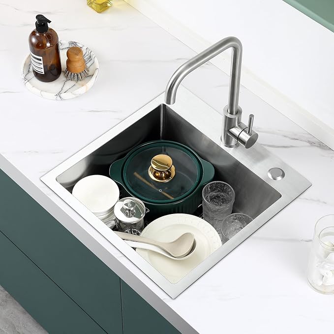 POPFLY 18 Inch Drop In Kitchen Sink, 304 Stainless Steel Top mount Handmade Single Bowl 2 Holes Kitchen Sink 9 Inches Deep Bar Prep Sink with Accessories, Brushed Nickel