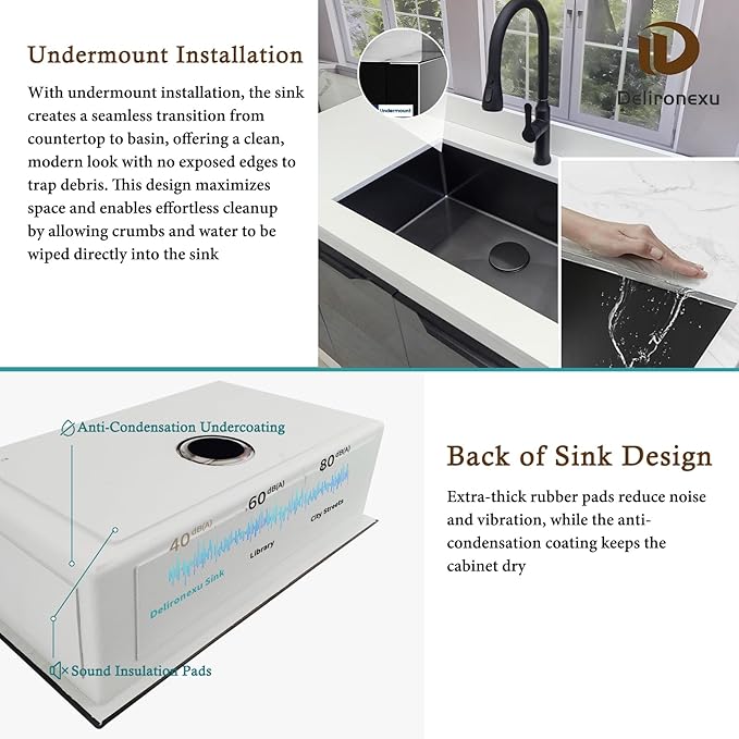 30 Inch Black Undermount Kitchen Sink - Delironexu Single Bowl Kitchen sinks, 16 Gauge Stainless Steel kitchen Sink Black with 4 Accessories, 30"x18"x9", Modern Design
