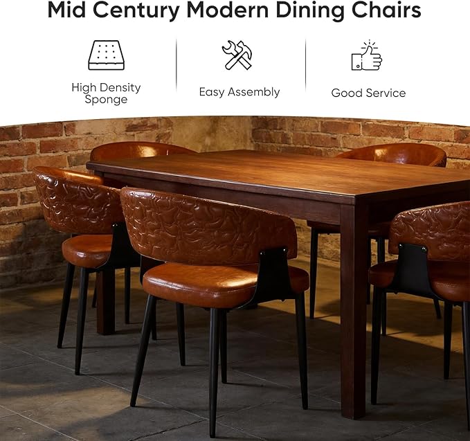 Atoll Modern Accent Dining Chairs Set of 2 with Upholstered PU Leather Seat & Curved Back, Metal Legs, Mid-Century Kitchen Chair for Dining Room, Living Room or Office (2, Brown)