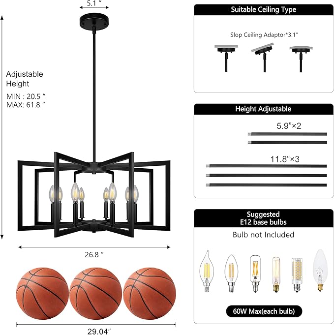 Sigaitwei 8-Light Large Black Chandelier,Dining Room Light Fixture Geometric Metal Modern Chandelier,Hanging Industrial Metal Chandelier for Kitchen Island Entryway Stairway Foyer Hallway.