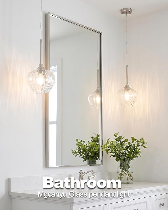 2-Pack Glass Pendant Lights Kitchen Island, 7" Modern Brushed Nickel Pendant Lighting Small Hanging Light Fixtures for Kitchen, Dining Room, Bathroom, Bedroom