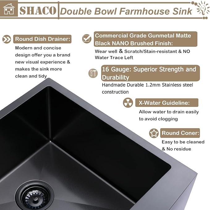SHACO 33 Inch Black Double Bowl Divided 50/50 Farmhouse Sink, 33x21 Gunmetal Black Stainless Steel Undermount Apron Front Farm Kitchen Sink