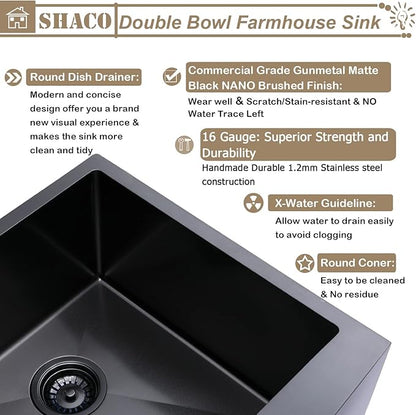 SHACO 33 Inch Black Double Bowl Divided 50/50 Farmhouse Sink, 33x21 Gunmetal Black Stainless Steel Undermount Apron Front Farm Kitchen Sink