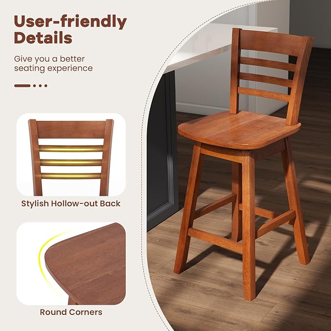 Giantex Wood Bar Stools Set of 2, 24.5" Swivel Counter Height Bar Stools with Slatted Hollow Back & Ergonomic Contoured Seat, Footrest, Farmhouse Wooden Barstools for Kitchen Island, Bar, Cafe, Walnut