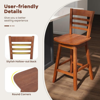 Giantex Wood Bar Stools Set of 2, 24.5" Swivel Counter Height Bar Stools with Slatted Hollow Back & Ergonomic Contoured Seat, Footrest, Farmhouse Wooden Barstools for Kitchen Island, Bar, Cafe, Walnut