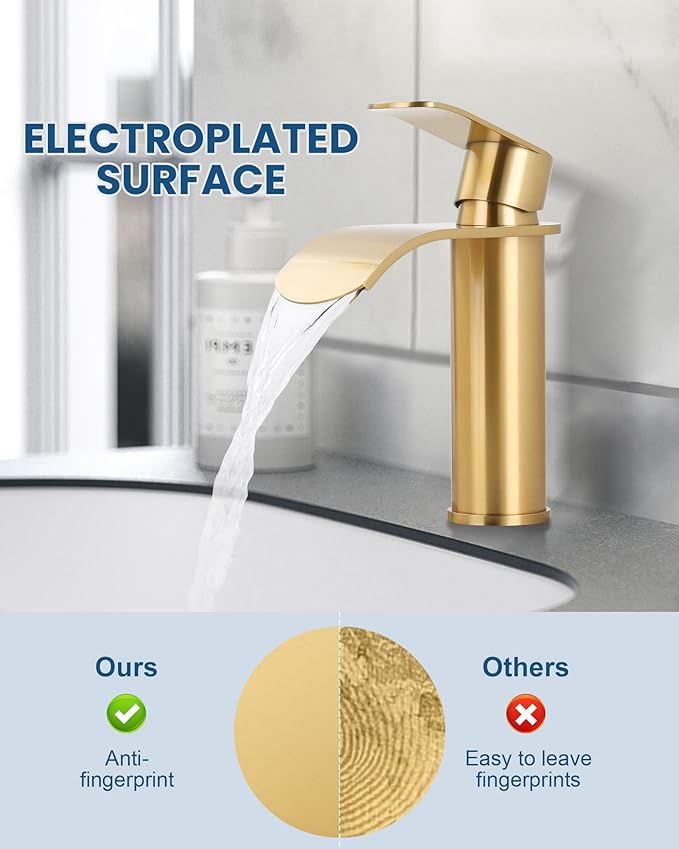 WOWOW Waterfall Bathroom Faucet, Gold Bathroom Sink Faucet for 1 Hole or 3 Holes, Single Handle Vanity with Metal Pop up Drain, Stainless Steel Basin Sink Faucet Tap for RV Lavatory