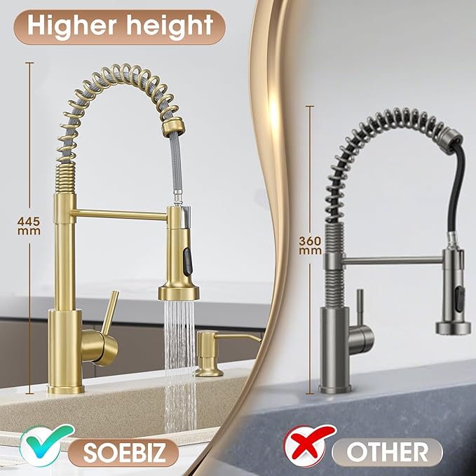 Kitchen Faucet with Pull Down Sprayer, Brushed Gold High Arc Single Handle Spring Pull Out Stainless Steel Faucet for Kitchen Sink, 2 Mode Utility Ideal for Laundry Camper Bar RV Room