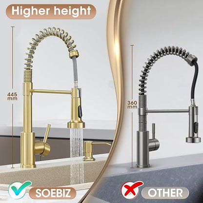 Kitchen Faucet with Pull Down Sprayer, Brushed Gold High Arc Single Handle Spring Pull Out Stainless Steel Faucet for Kitchen Sink, 2 Mode Utility Ideal for Laundry Camper Bar RV Room