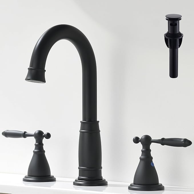 Black Widespread Bathroom Faucet 3 Holes - 8In Two Handles faucets for Bathroom Sink | Vintage Antique Lavatory Vanity Sink Faucets with Pop-up Drain Assembly & Supply Lines Matte Black