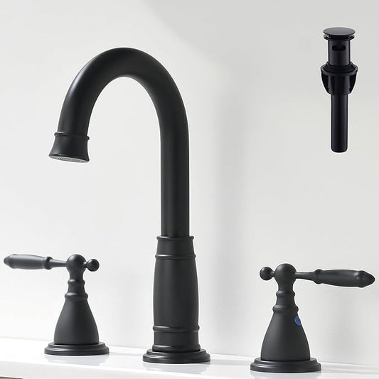 Black Widespread Bathroom Faucet 3 Holes - 8In Two Handles faucets for Bathroom Sink | Vintage Antique Lavatory Vanity Sink Faucets with Pop-up Drain Assembly & Supply Lines Matte Black
