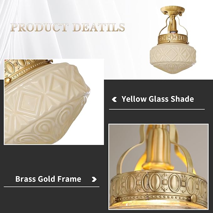 KCO Lighting Brass Globe Flush Mount Ceiling Light Mid Century Modern Entryway Light Fixture Fluted Yellow Glass Semi Flush Mount Ceiling Light Retro Gold Ceiling Lighting