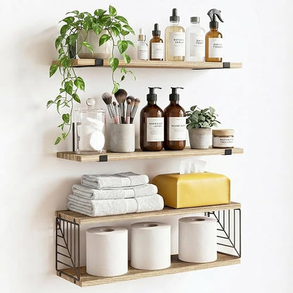 Fixwal Bathroom Floating Shelves Over Toilet, 15.8in Farmhouse Rustic Wood Shelves, Wall Decor for Bathroom, Living Room,Bedroom and Kitchen (3 Plus 1 Tier Rustic Brown)