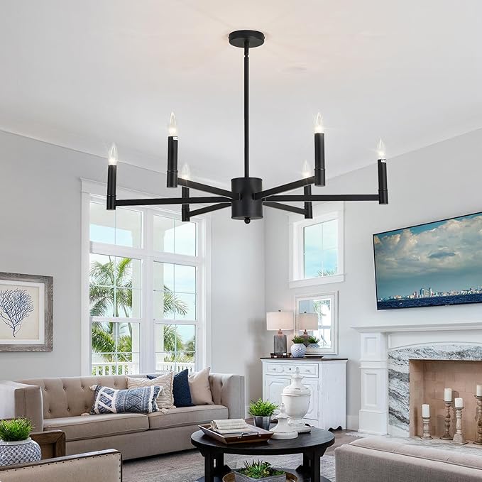 ASGYISA 6-Light Candle Chandeliers Modern Black Farmhouse Ceiling Light Fixture Industrial Pendant Lighting for Dining Room Living Room Bedroom Kitchen Island Foyer, 35inch, L-2201