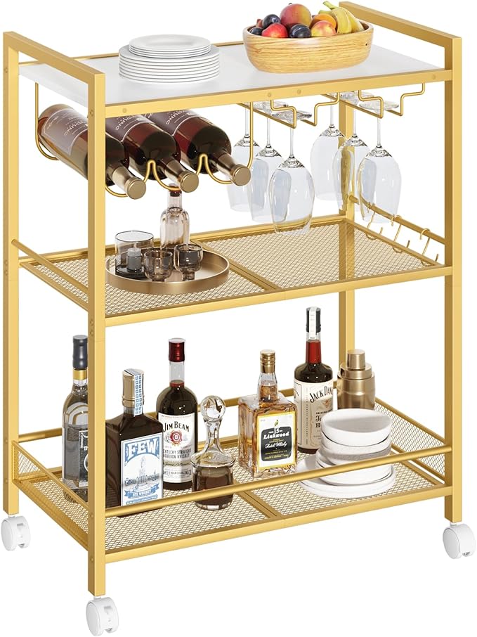 Joaxswe Bar Cart, Home Bar Serving Cart with 3-Tier Shelf,Microwave Cart with Lockable Wheels,Mobile Kitchen Shelf,Rolling Beverage Cart with Wine Rack and Glass Holder for Kitchen,Dinning Room,Gold