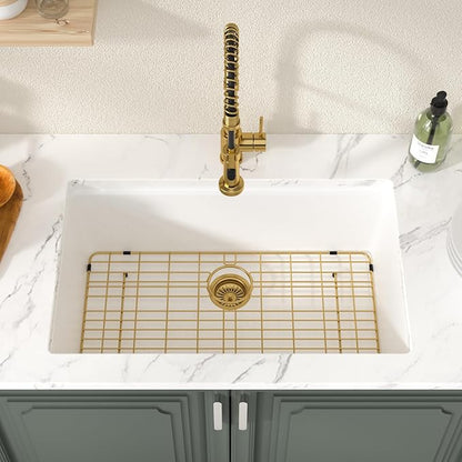 Lordear 30 Inch White Kitchen Sink Granite Composite Undermount Kitchen Sink Workstation 30x19 White Quartz Sinks Under Counter Single Bowl with Classic Gold Accessories