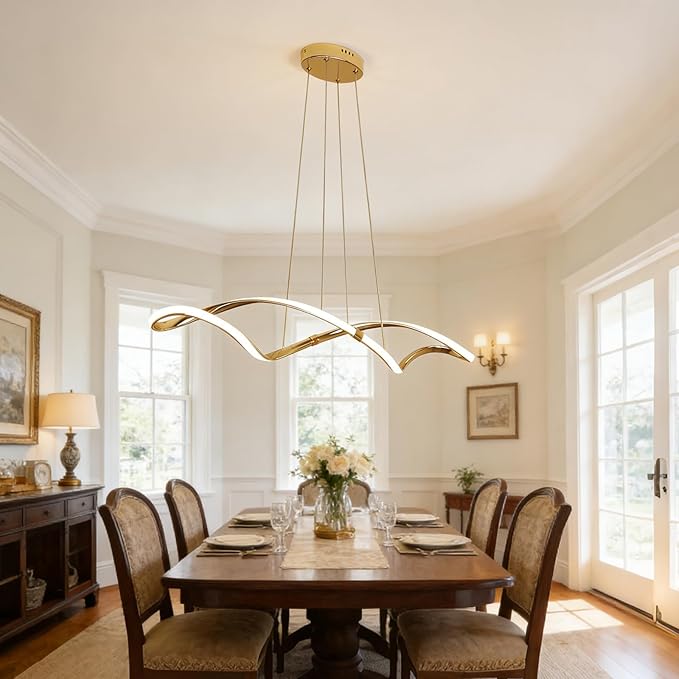 39 Inch Modern LED Pendant Light, Remote Control Dimmable Adjustable Height, DIY Kitchen Island Lighting & Dining Room Chandelier, Gold Plated Energy Saving Linear Chandelier