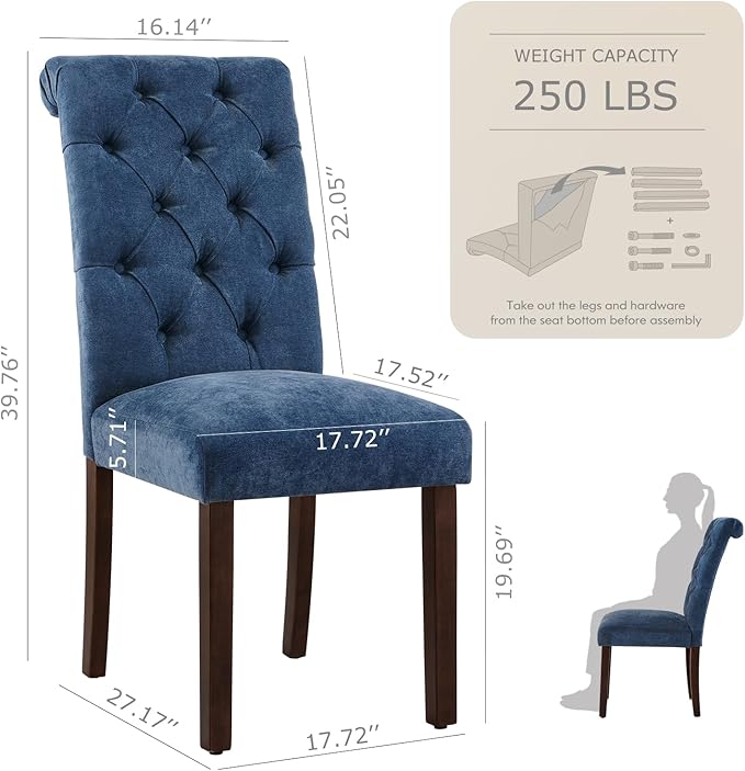 Tufted Dining Chairs Set of 4, Upholstered Parsons Dining Room Chairs, Fabric Kitchen Side Chair with Wood Legs, Blue