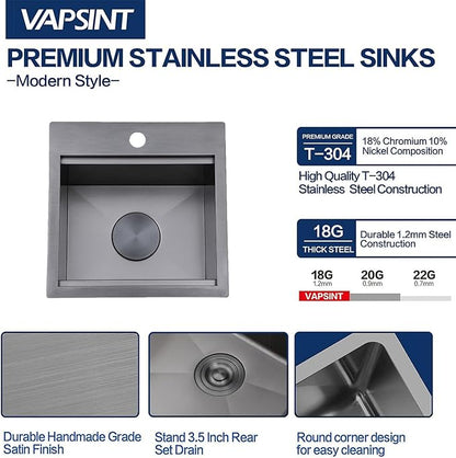 VAPSINT 15x15 Inch Black Drop In Bar Sink Workstation, Top Mount Single Bowl Small Kitchen Sink,Stainless Steel Handmade Gunmetal BlackBar Sink for Outdoor Prep RV Laundry with Grid & Cutting Board