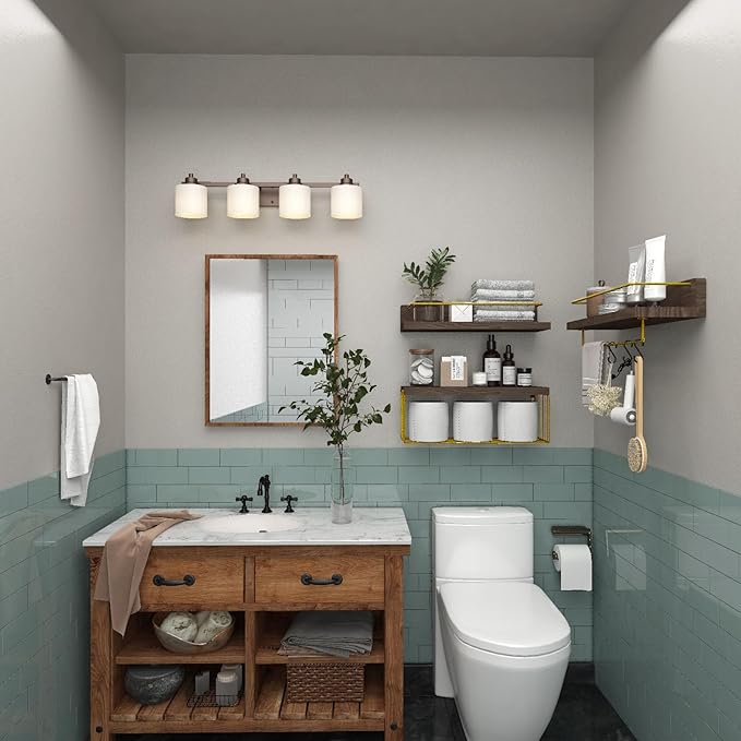 PopiShelves Bathroom Shelves Over Toilet for Wall, Floating Shelves with Storage Basket Paper Holer for Kitchen Living Room, Bedroom & Classroom, Set of 3 (Brown and Gold)