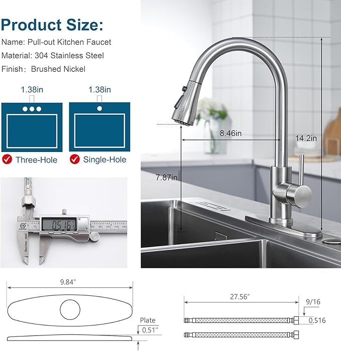 Brushed Nickel Kitchen Faucet with Pull Down Sprayer,304 Stainless Steel High Arc Single Handle Classic Sink Faucet with Pull Out Sprayer,Suitable for Farmhouse Camper Laundry Rv Bar
