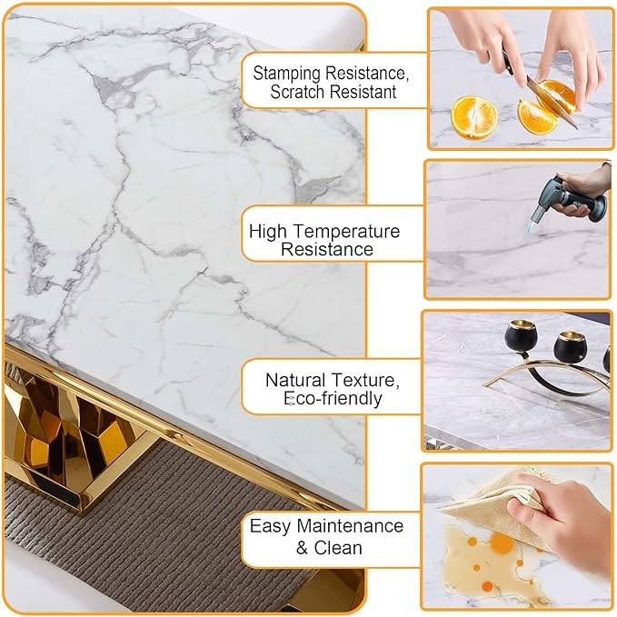 White Marble Dining Table for 4 6 8, Modern 68 Inch Kitchen Table with Faux Marble Top and Gold Dimaond Design Pedestal Base, Luxurious Rectangular Large Dining Room Table,Home Kitchen Furniture