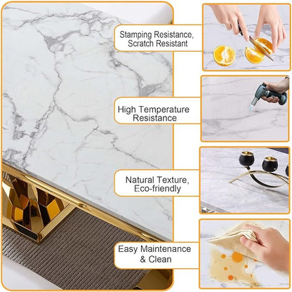 White Marble Dining Table for 4 6 8, Modern 68 Inch Kitchen Table with Faux Marble Top and Gold Dimaond Design Pedestal Base, Luxurious Rectangular Large Dining Room Table,Home Kitchen Furniture