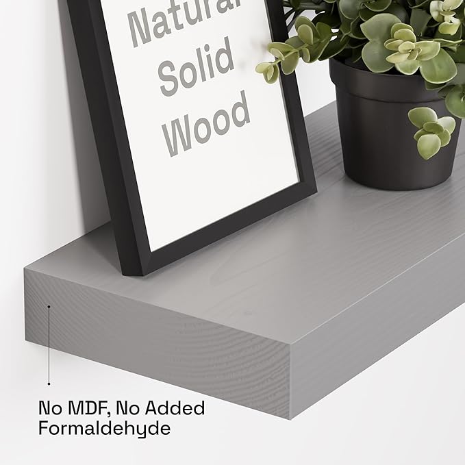 BAOBAB WORKSHOP Wood Floating Shelves for Wall - Rustic Shelf 16 inch - Grey Bathroom Shelves - Solid Wood Shelves for Wall for Bedroom Kitchen Living Room - Gray Finish, 16W × 6.7D, Set of 2