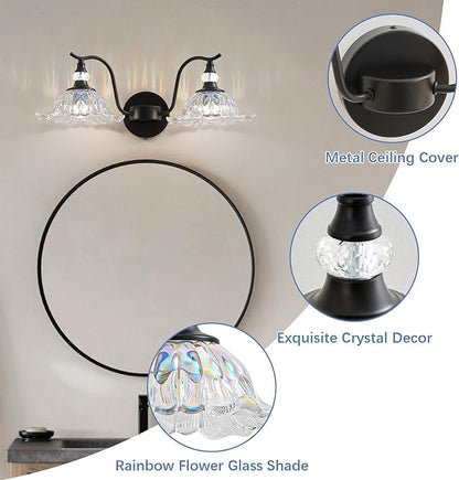 Vintage Bathroom Vanity Light Fixtures - 2 Light Iridescent Flower Glass Antique Matte Black Bathroom Light Fixture Over Mirror,Retro High End Wall-Mounted Vanity Lighting for Bath Powder Room