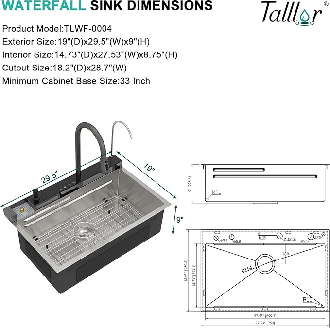 Smart Waterfall Kitchen Sink 30 Inch, Drop In Stainless Steel Single Bowl Workstation Sink with Pull-Down Faucet, Cup Washer & Multi-Function Spray #TLWF-0025