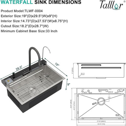 Smart Waterfall Kitchen Sink 30 Inch, Drop In Stainless Steel Single Bowl Workstation Sink with Pull-Down Faucet, Cup Washer & Multi-Function Spray #TLWF-0025