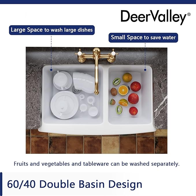 DeerValley Double Bowl White Kichen Sink 33 inch, Ceramic Apron Front Farmhouse Sink, Deep Drop-in Fireclay Undermount Large Sinks with Grid & Strainer