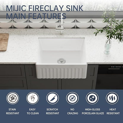 Farmhouse Sink, 24 Inch Large Undermount Kitchen Sink, 10" Deep Apron Front Farm Sinks, Ceramics White Single Bowl, Heavy Duty, Easy to Clean 24" x 18" x10"