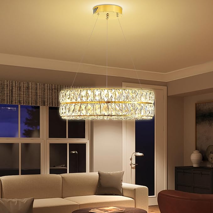 Led 15.7" Gold Ring Crystal Chandelier, Modern Dimmable Chandeliers Lighting and Hanging Adjustable, LED Round Ceiling Light Fixtures for Dining Room Living Room