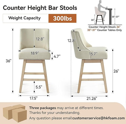 Counter Height Swivel Bar Stools Set of 6, Modern Linen Fabric Swivel Barstools with Back and Wood Legs, Upholstered 26" Seat Height Counter Stools for Kitchen Island, Home Bar, Beige