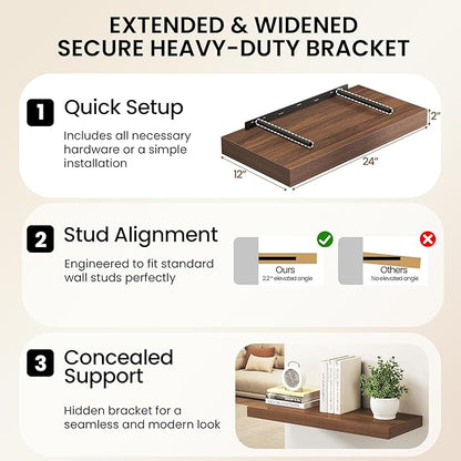 32Inch Walnut Floating Shelves for Wall, 12 Inch Deep Shelves for Bedroom, Kitchen, Bathroom Wall Mounted, Rustic Wood Floating Shelf with Invisible Brackets for Books, Storage, Decor, 2 Packs