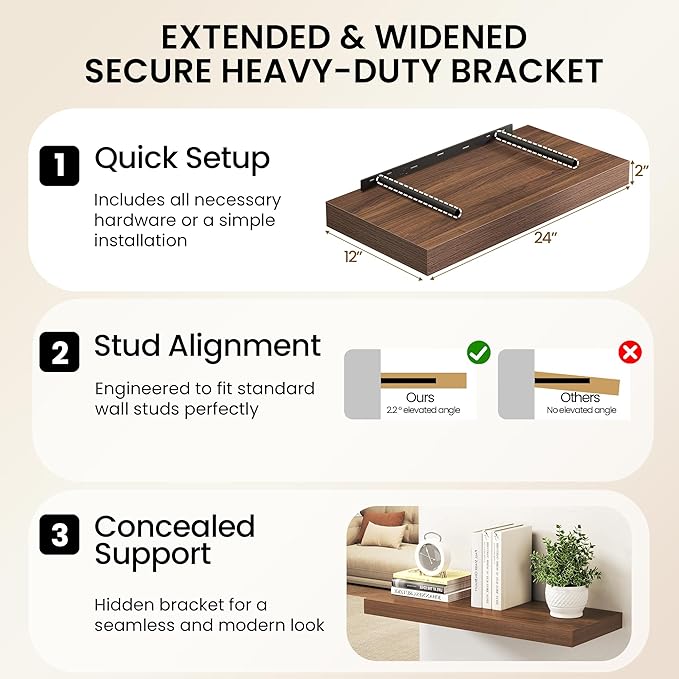 Fun Memories 72 Inch Floating Shelves, 12 Inch Deep Wall Shelf for Fireplace Mantel, Deep Storage Shelves for Home & Office, Long Floating Shelf with Invisible Bracket, Walnut, Set of 2