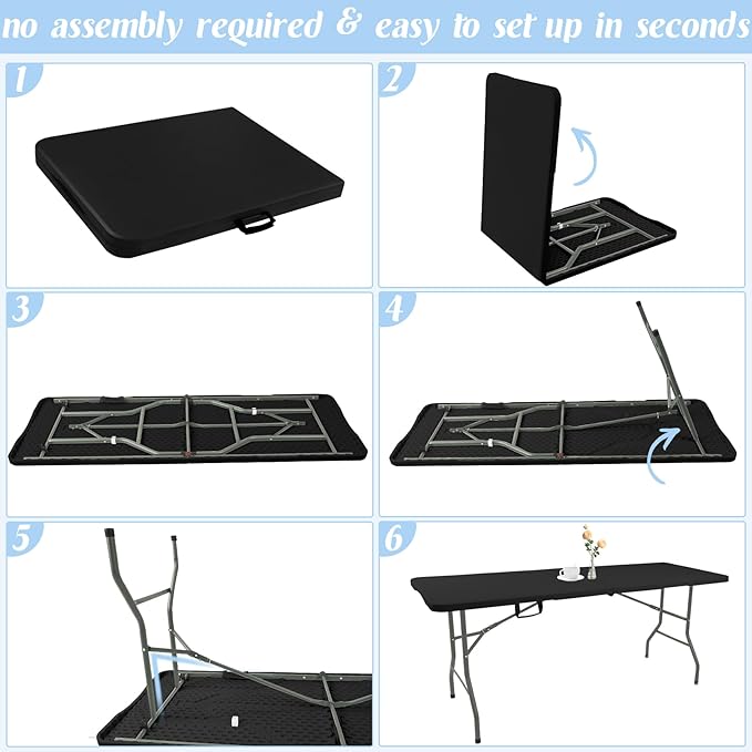 Fivenl 2 Pack 6 Feet Portable Folding Table Black, Steel Legs Fold-in-Half with Carrying Handle Rectangular Plastic Foldable Table for Party, Wedding, Camping, Picnic, Dining, Indoor Outdoor Events