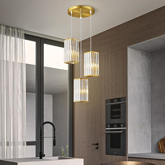 Pendant Lights Modern Pendant Light Gold Rectangle Mini Crystal Chandeliers Adjustable Pendant Light Fixture for Kitchen Island Bedroom Dinning Room Living Room (Gold-3Light
