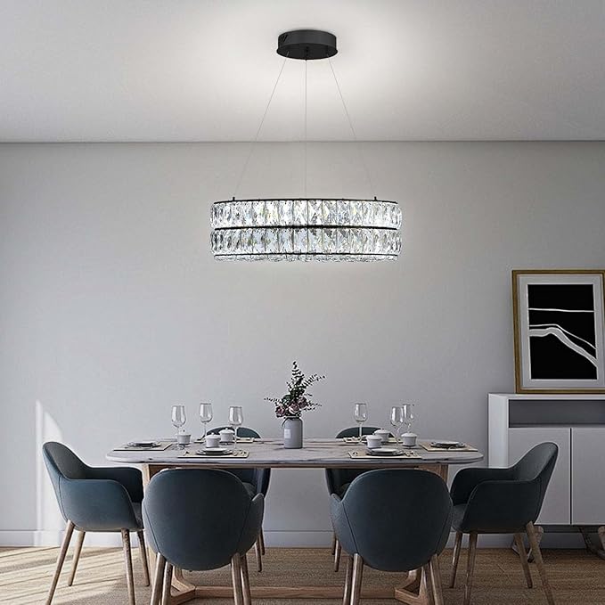 Modern Dimmable Led Crystal Ring Chandelier Adjustable Ring Pendant Light for Living Room Dining Room 15.7inch Black